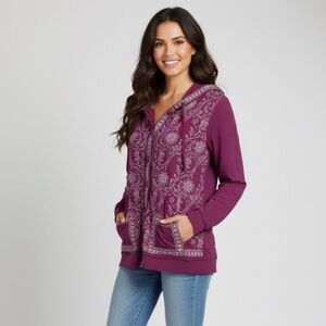 Soft Surroundings Purple Hoodie with Intricate Paisley Pattern Size Small